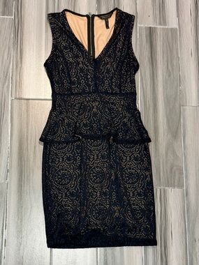 BCBGMaxAzria Navy Lace Peplum Dress with Nude Lining